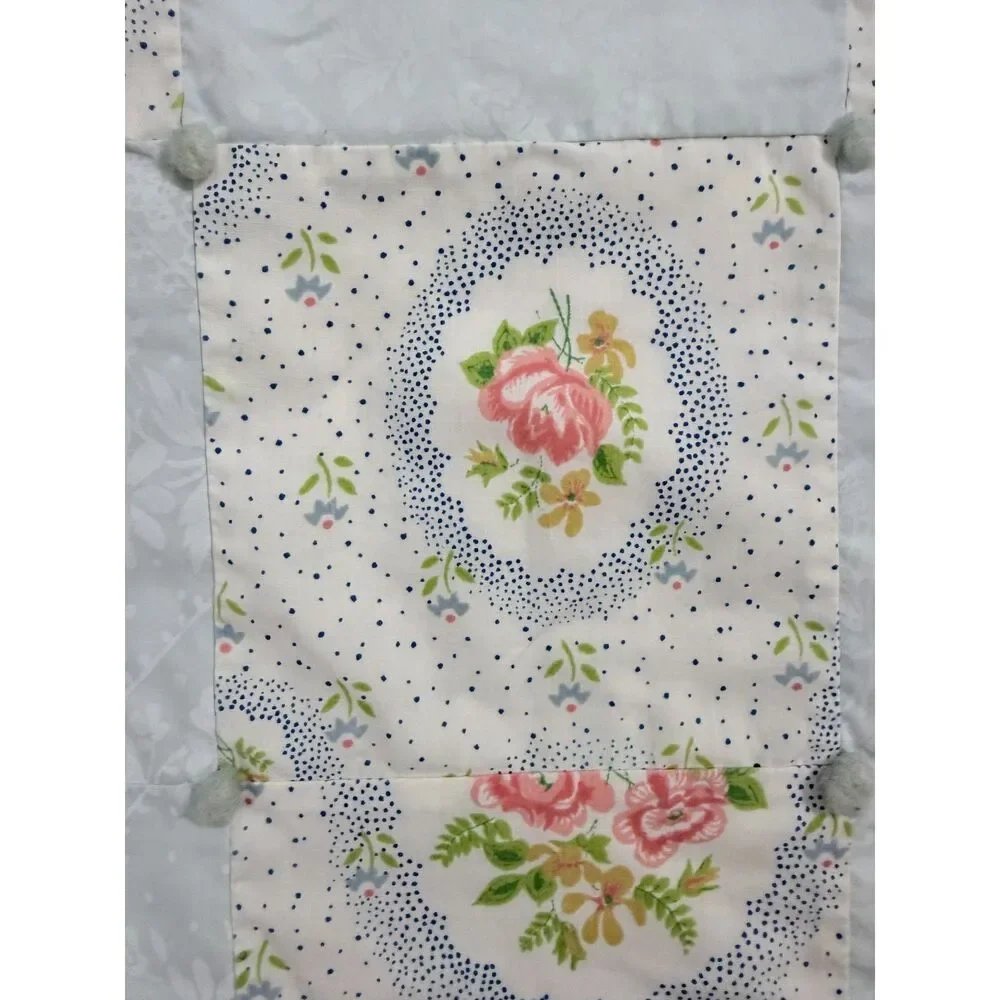 Vintage 1981 Handmade Floral Patchwork Tied Quilt Blue Pink 55x82